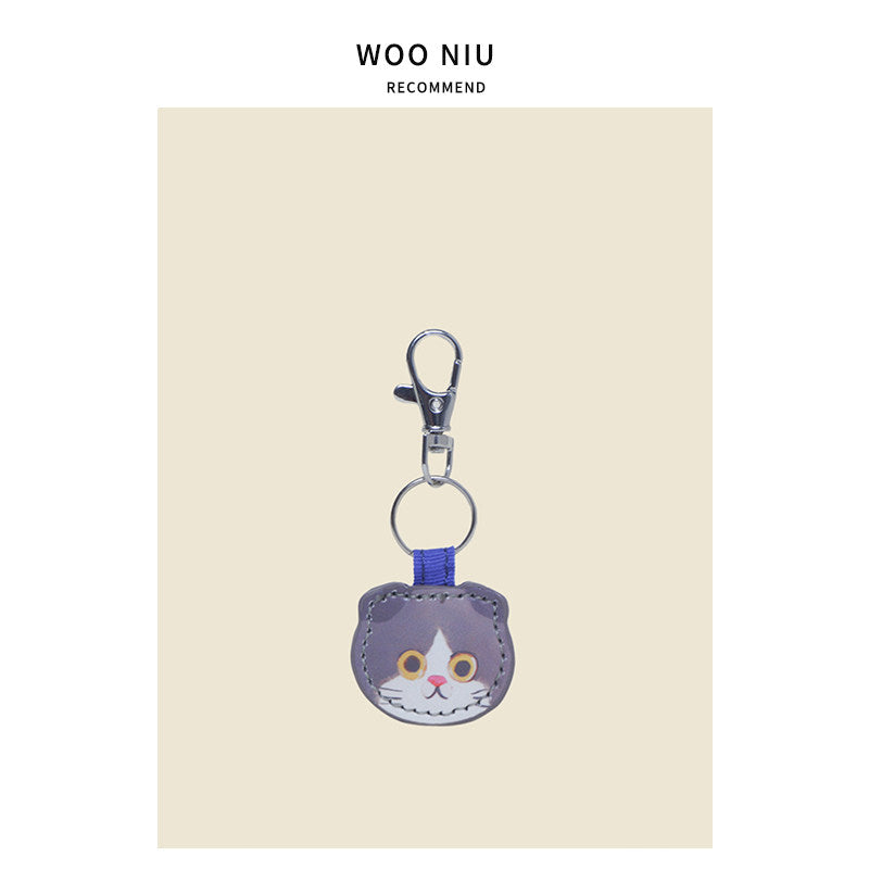WOONIU Cat Face Leather Charm - wooniu Leather Charm - cute bag charm plush keychain for backpack and purse