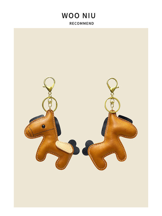 WOONIU Vintage Genuine Leather "Get Rich Soon" Couple Keychain Bag Pendant, Personalized Creative Little Horse Doll Decoration - cute plush bag charm