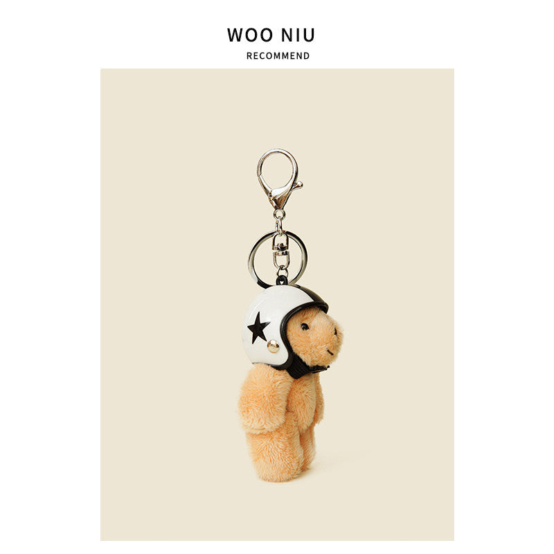 WOONIU Cool Biker Bear Helmet Charm - wooniu Plush Charm - cute bag charm plush keychain for backpack and purse