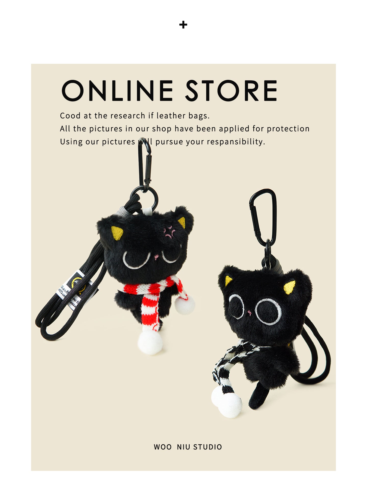 WOONIU Sleepy Black Cat Plush Charm - wooniu Plush Charm - cute bag charm plush keychain for backpack and purse