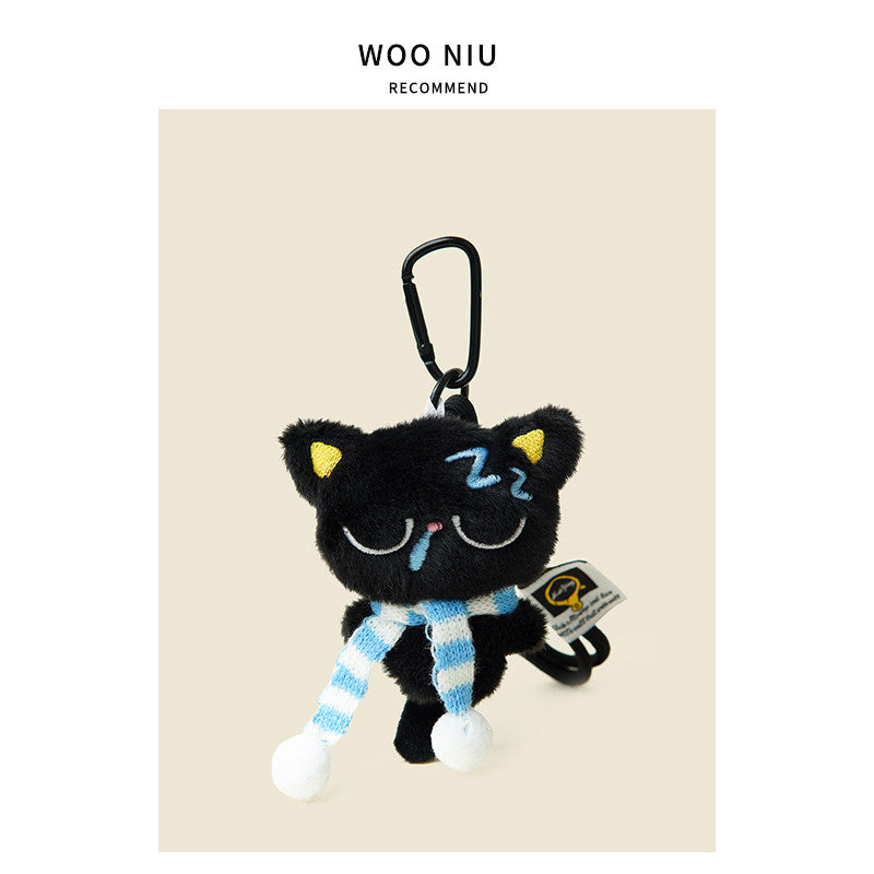 WOONIU Sleepy Black Cat Plush Charm - wooniu Plush Charm - cute bag charm plush keychain for backpack and purse