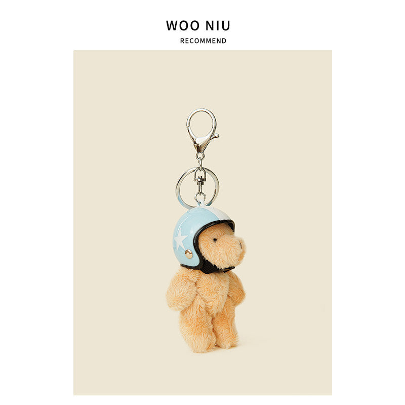 WOONIU Cool Biker Bear Helmet Charm - wooniu Plush Charm - cute bag charm plush keychain for backpack and purse