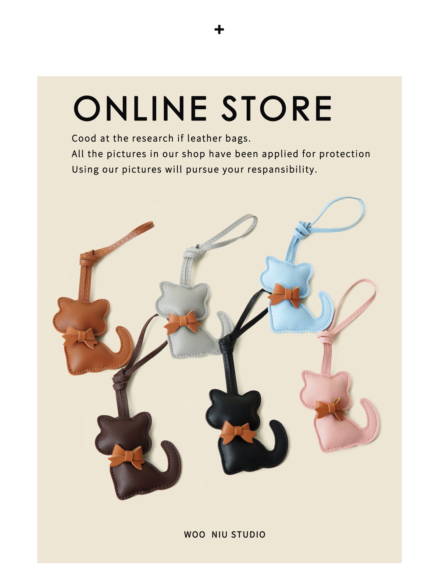 Bow Knot Kitty Leather Strap Pendant plush keychain detail view