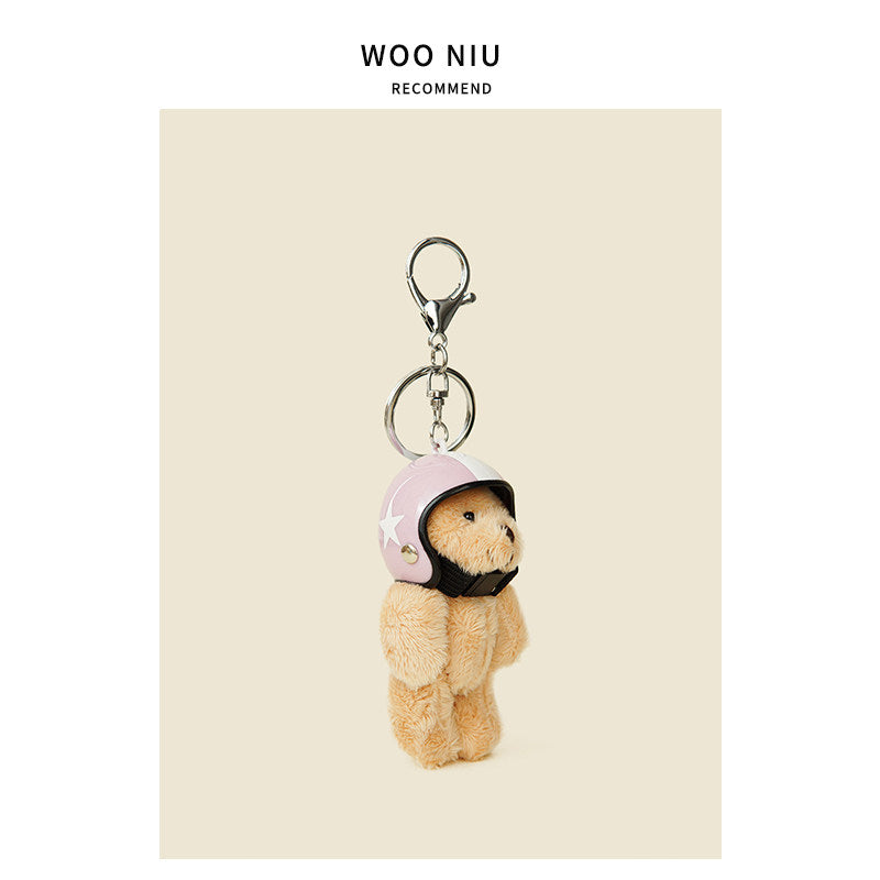 WOONIU Cool Biker Bear Helmet Charm - wooniu Plush Charm - cute bag charm plush keychain for backpack and purse