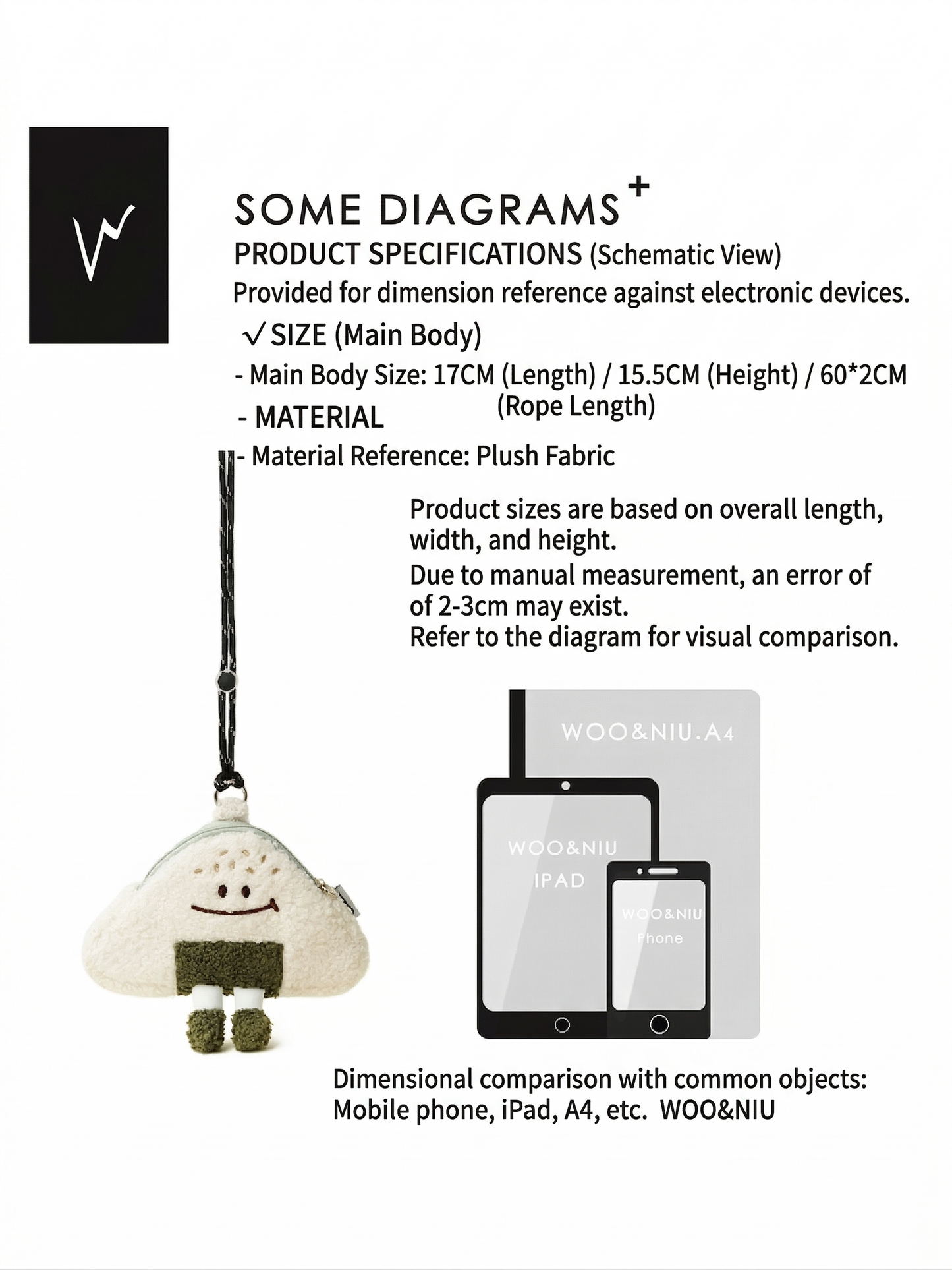 WOONIU Puffy Onigiri Neck Pouch Charm - wooniu Bag Charm - cute bag charm plush keychain for backpack and purse