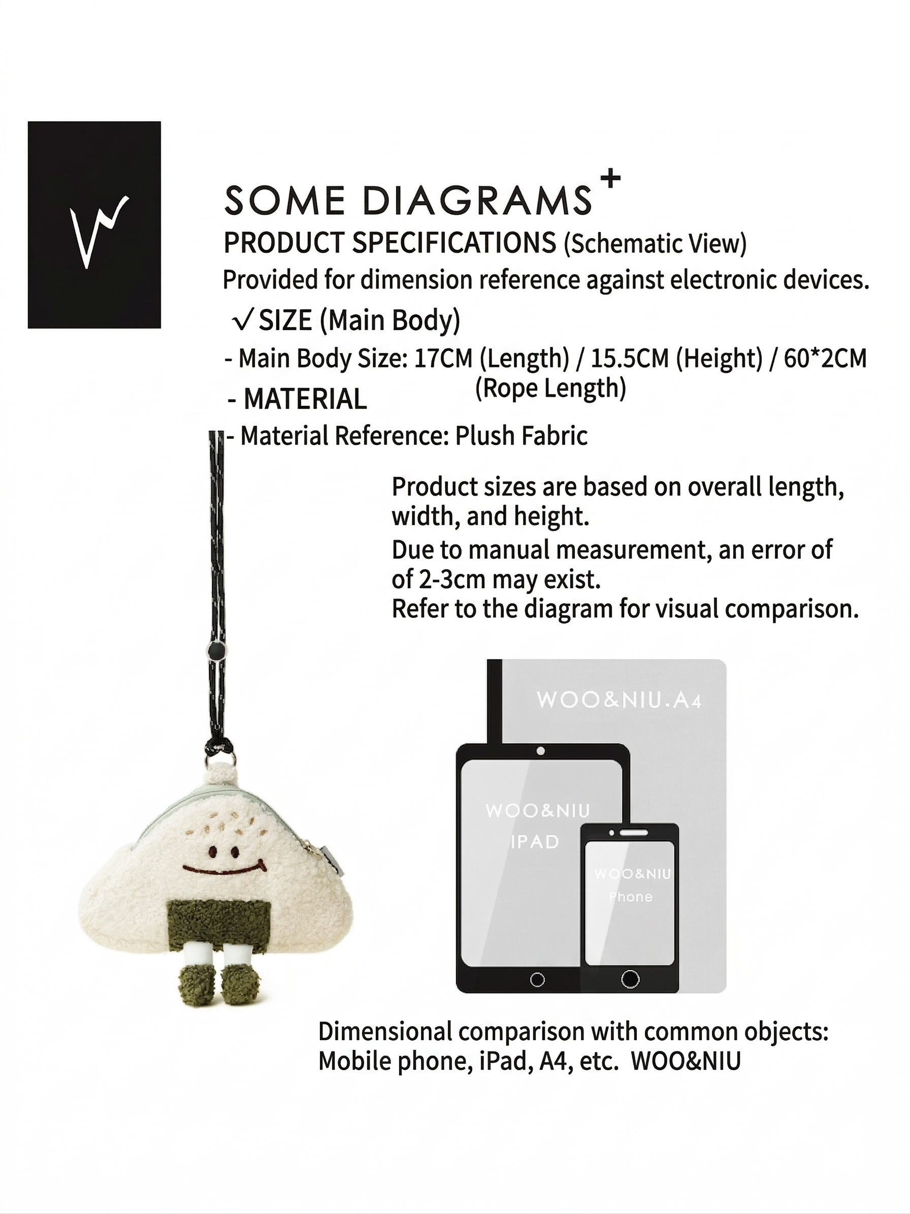 WOONIU Puffy Onigiri Neck Pouch Charm - wooniu Bag Charm - cute bag charm plush keychain for backpack and purse