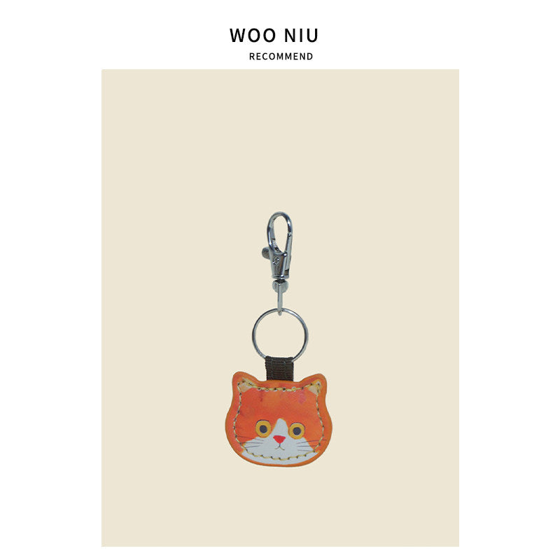 WOONIU Cat Face Leather Charm - wooniu Leather Charm - cute bag charm plush keychain for backpack and purse