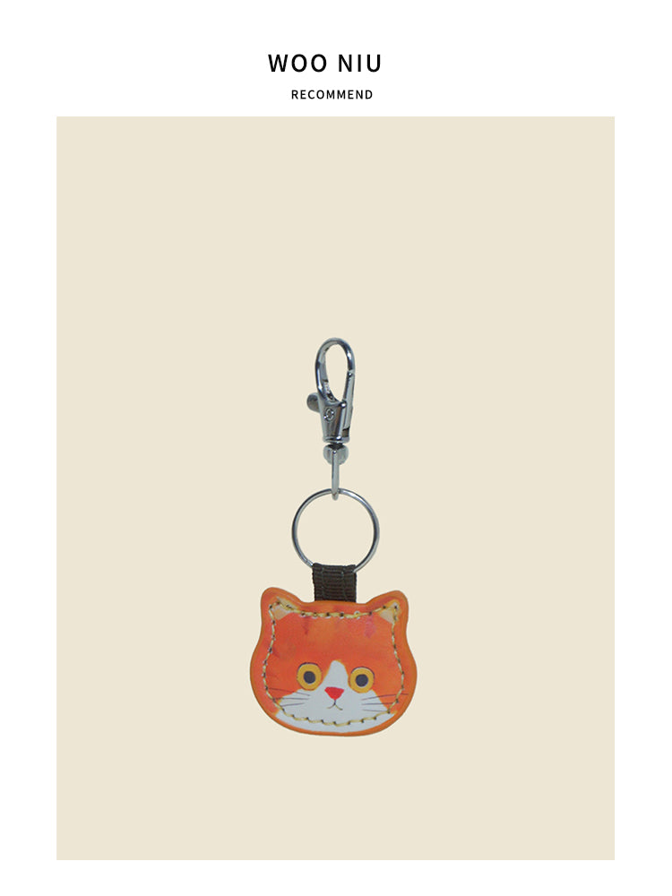 WOONIU Cat Face Leather Charm - wooniu Leather Charm - cute bag charm plush keychain for backpack and purse