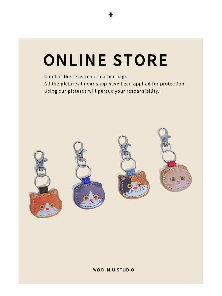 WOONIU Cat Face Leather Charm - wooniu Leather Charm - cute bag charm plush keychain for backpack and purse