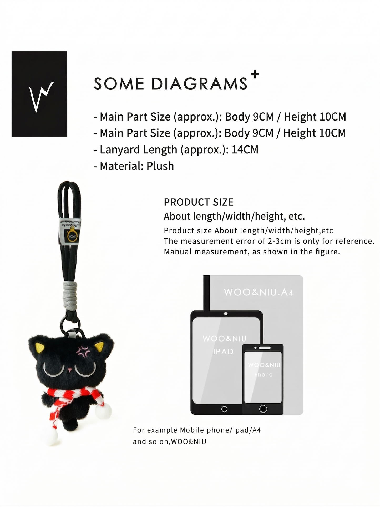 WOONIU Sleepy Black Cat Plush Charm - wooniu Plush Charm - cute bag charm plush keychain for backpack and purse