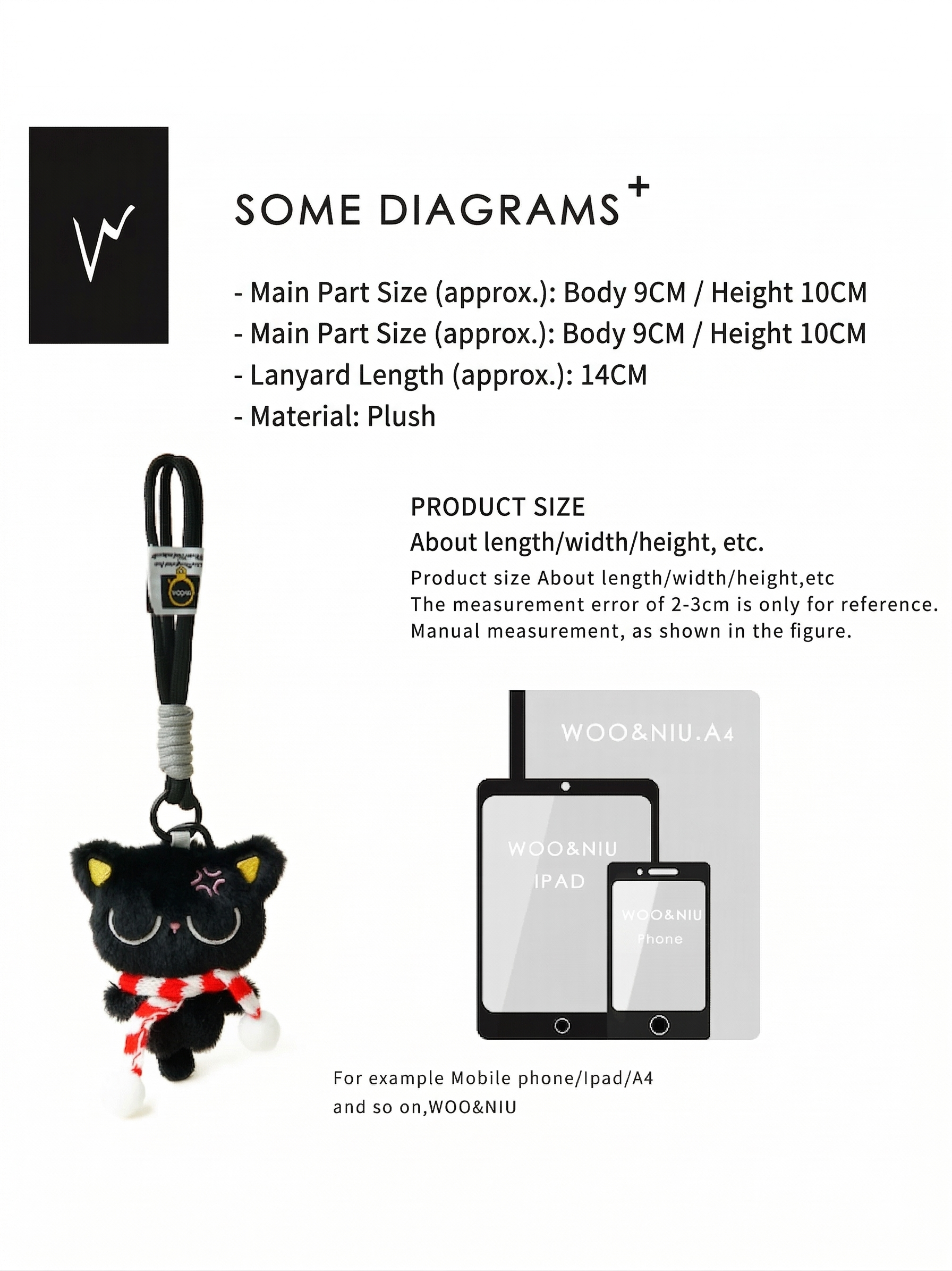 WOONIU Sleepy Black Cat Plush Charm - wooniu Plush Charm - cute bag charm plush keychain for backpack and purse