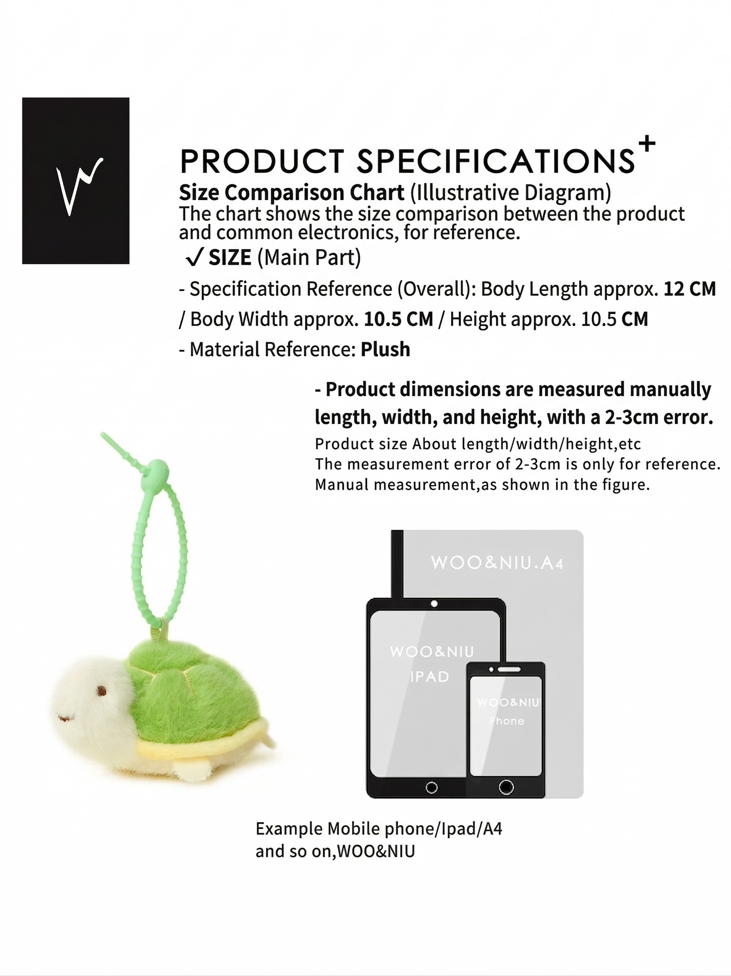 WOONIU Mini Three Inch Turtle Plush - wooniu Plush Charm - cute bag charm plush keychain for backpack and purse