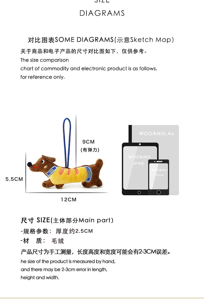 WOONIU Dachshund Puppy Plush Toy Bag Pendant Handmade Cartoon High-end Keychain Couple's Decoration2024New - soft keychain accessory