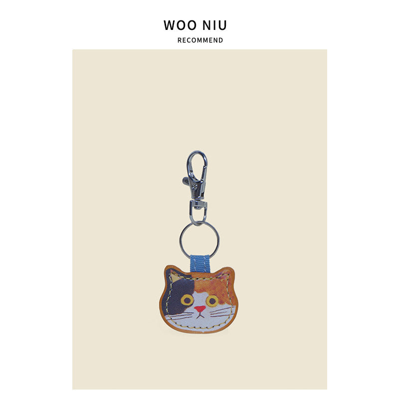 WOONIU Cat Face Leather Charm - wooniu Leather Charm - cute bag charm plush keychain for backpack and purse