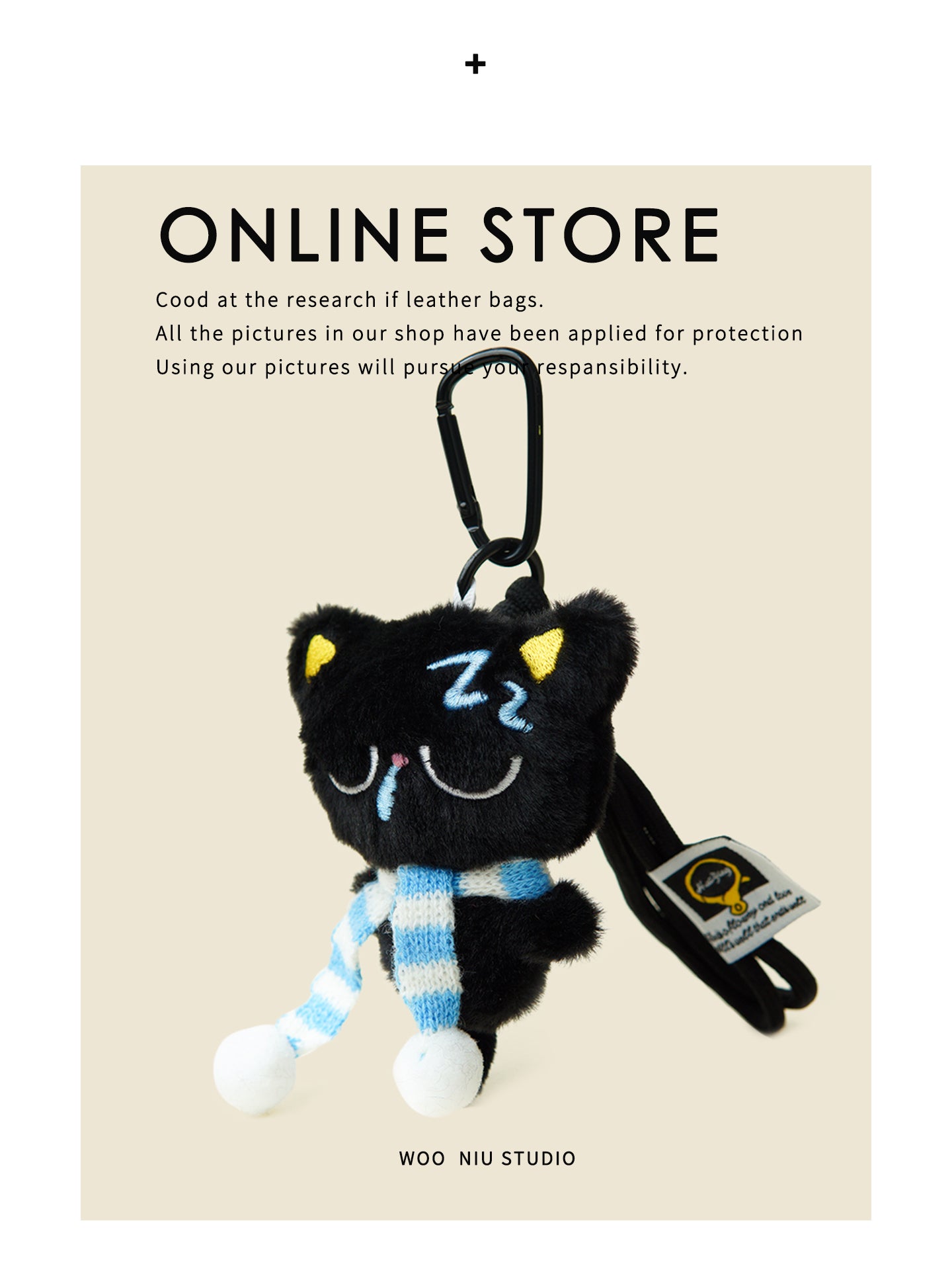 WOONIU Sleepy Black Cat Plush Charm - wooniu Plush Charm - cute bag charm plush keychain for backpack and purse