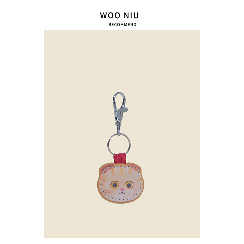 WOONIU Cat Face Leather Charm - wooniu Leather Charm - cute bag charm plush keychain for backpack and purse